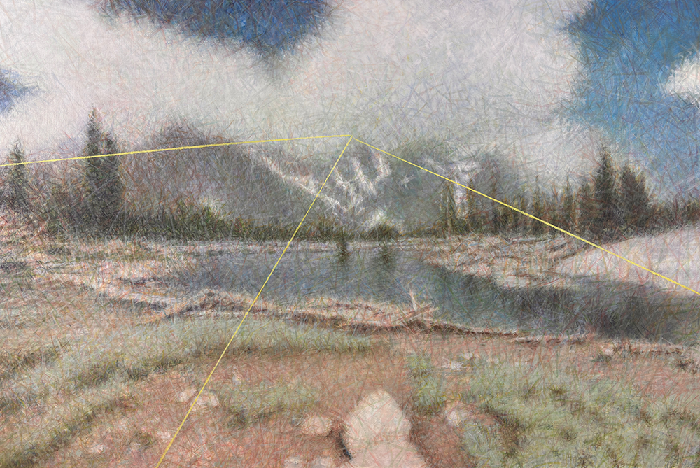 Norman Leto, A Raytrace Lake, olie p&aring; l&aelig;rred 120x80cm, 2024