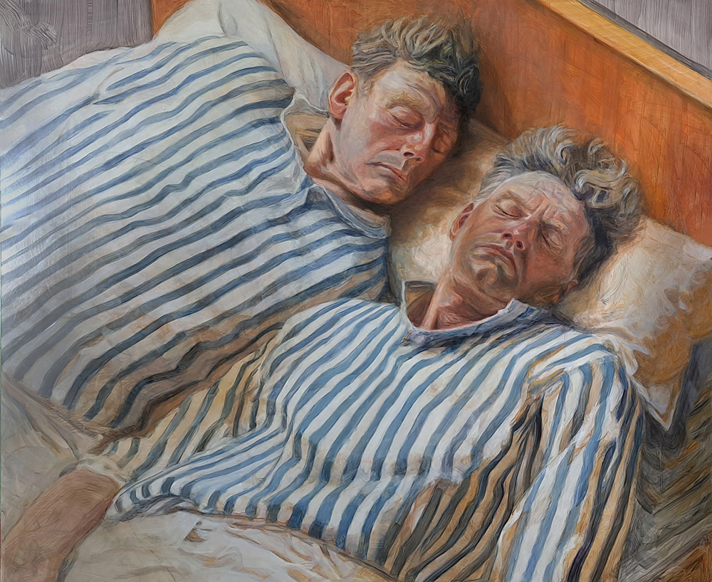 Norman Leto, Twins From J. Littell's Kindly Ones, Forty Years Later Olie p&aring; fiberplade, 120x100, 2023